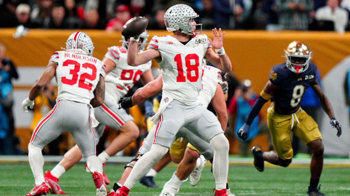 Will Howard (18) throws a pass in the 2025 College Football Playoff National Championship game in Atlanta, Ga. on Monday, January 20, 2025 at Mercedes-Benz Stadium. Mandatory Credit: Jacob Kupferman/AP Will Howard (18) throws a pass in the 2025 College Football Playoff National Championship game in Atlanta, Ga. on Monday, January 20, 2025 at Mercedes-Benz Stadium. Mandatory Credit: Jacob Kupferman/AP