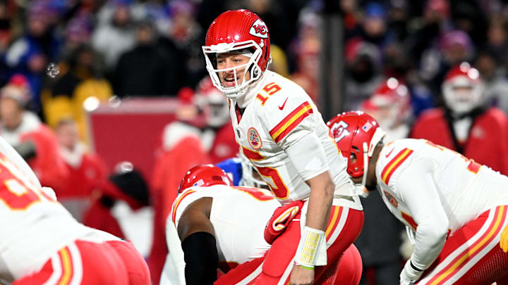 Jan 21, 2024; Orchard Park, New York, USA; Kansas City Chiefs quarterback Patrick Mahomes (15) reacts in the first half against the Buffalo Bills for the 2024 AFC divisional round game at Highmark Stadium. Mandatory Credit: Mark Konezny-Imagn Images