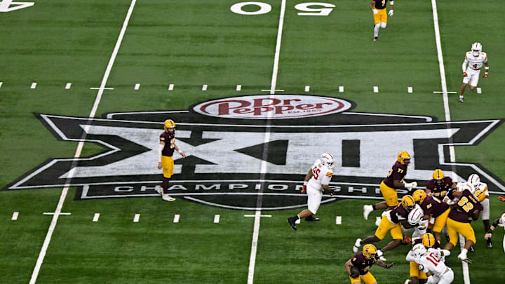 Dec 7, 2024; Arlington, TX, USA; A view of the Big 12 logo and stadium during the game between the Iowa State Cyclones and the Arizona State Sun Devils at AT&T Stadium. Mandatory Credit: Jerome Miron-Imagn Images