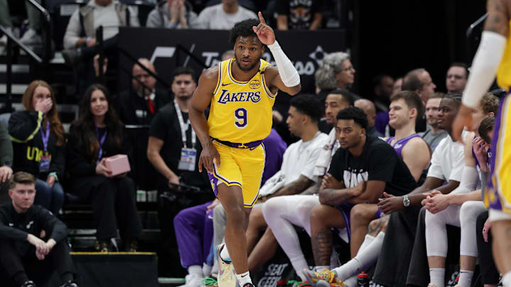 Feb 12, 2025; Salt Lake City, Utah, USA: Los Angeles Lakers guard Bronny James (9) celebrates after making a three point basket during the second half against the Utah Jazz at Delta Center. Mandatory Credit: Chris Nicoll-Imagn Images
