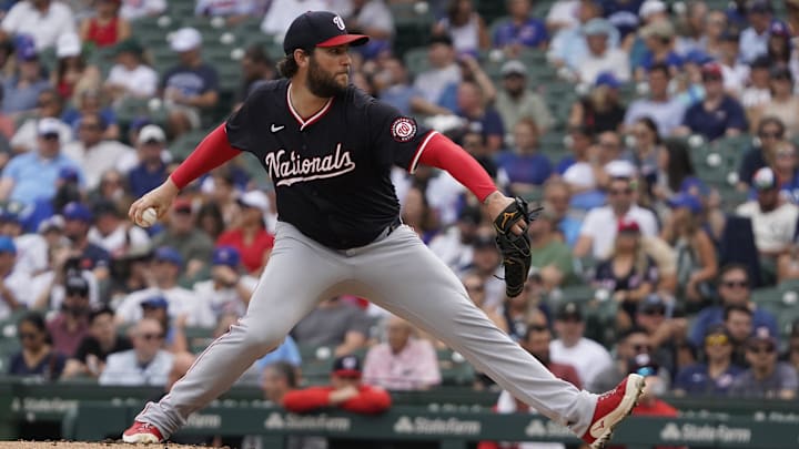 Sep 20, 2024; Chicago, Illinois, USA; Washington Nationals pitcher Trevor Williams throws the ball against the Chicago Cubs during the first inning at Wrigley Field.