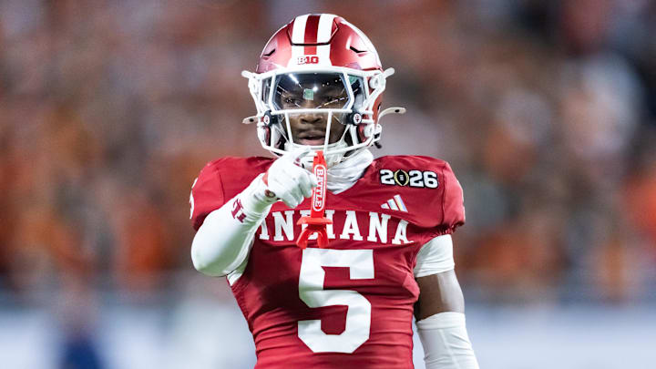 Jan 19, 2026; Miami Gardens, FL, USA; Indiana Hoosiers defensive back D'Angelo Ponds (5) against the Miami Hurricanes in the College Football Playoff National Championship game at Hard Rock Stadium. Mandatory Credit: Mark J. Rebilas-Imagn Images
