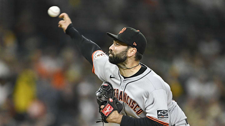 Apr 29, 2025; San Diego, California, USA; San Francisco Giants relief pitcher Lou Trivino (56) delivers during the eighth inning against the San Diego Padres at Petco Park.