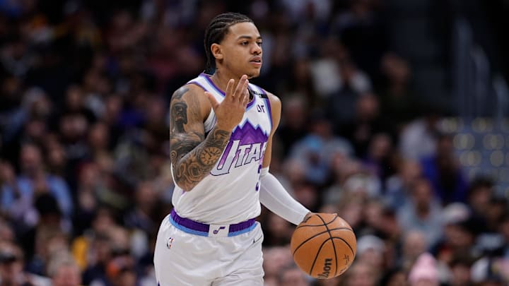 Dec 22, 2025; Denver, Colorado, USA; Utah Jazz guard Keyonte George (3) dribbles the ball up court in the first quarter against the Denver Nuggets at Ball Arena. Mandatory Credit: Isaiah J. Downing-Imagn Images