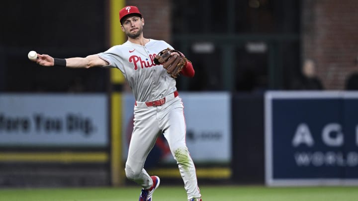Apr 26, 2024; San Diego, California, USA; Philadelphia Phillies shortstop Trea Turner (7) throws to first base on a ground out by San Diego Padres third baseman Manny Machado (not pictured) during the third inning at Petco Park Apr 26, 2024; San Diego, California, USA; Philadelphia Phillies shortstop Trea Turner (7) throws to first base on a ground out by San Diego Padres third baseman Manny Machado (not pictured) during the third inning at Petco Park