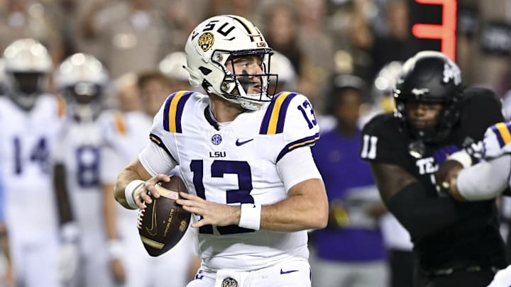 Oct 26, 2024; College Station, Texas, USA; LSU Tigers quarterback Garrett Nussmeier (13) looks to pass the ball in the first quarter against the Texas A&M Aggies. The Aggies defeated the Tigers 38-23; at Kyle Field. Mandatory Credit: Maria Lysaker-Imagn Images. Oct 26, 2024; College Station, Texas, USA; LSU Tigers quarterback Garrett Nussmeier (13) looks to pass the ball in the first quarter against the Texas A&M Aggies. The Aggies defeated the Tigers 38-23; at Kyle Field. Mandatory Credit: Maria Lysaker-Imagn Images.