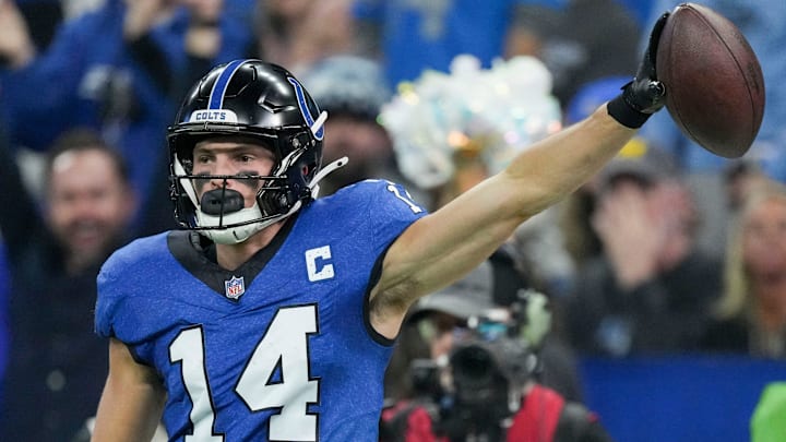 Indianapolis Colts wide receiver Alec Pierce (14) celebrates after making a catch Sunday, Nov. 24, 2024, during a game against the Detroit Lions at Lucas Oil Stadium in Indianapolis. Indianapolis Colts wide receiver Alec Pierce (14) celebrates after making a catch Sunday, Nov. 24, 2024, during a game against the Detroit Lions at Lucas Oil Stadium in Indianapolis.
