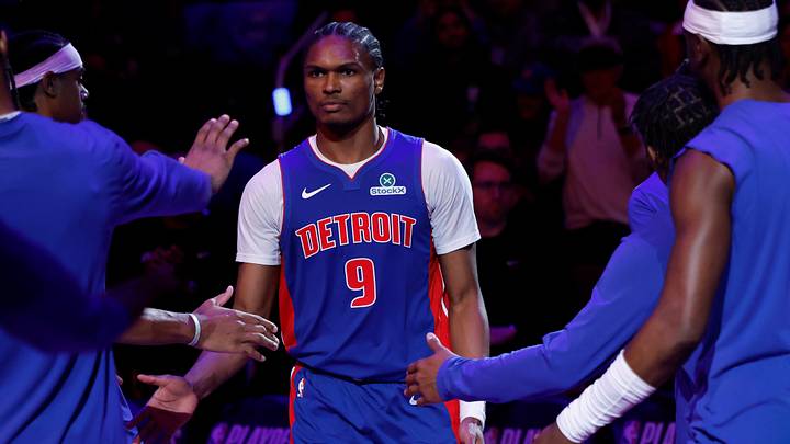 May 13, 2026; Detroit, Michigan, USA; Detroit Pistons guard Ausar Thompson (9) during player introductions before the game against the Cleveland Cavaliers during game five of the second round of the 2026 NBA Playoffs at Little Caesars Arena. Mandatory Credit: Rick Osentoski-Imagn Images