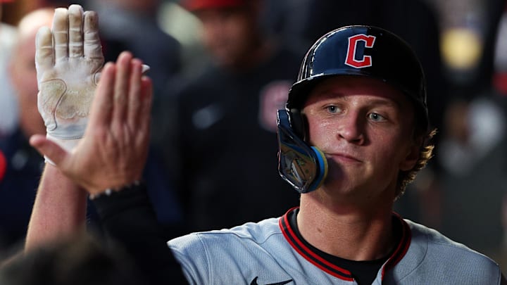 Sep 20, 2025: Cleveland Guardians center fielder Petey Halpin (0) celebrates after scoring in his Major League debut against the Minnesota Twins during the fifth inning of game two of a double header at Target Field. Sep 20, 2025: Cleveland Guardians center fielder Petey Halpin (0) celebrates after scoring in his Major League debut against the Minnesota Twins during the fifth inning of game two of a double header at Target Field.