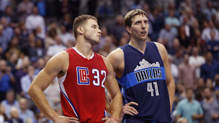 Nov 11, 2015; Dallas, TX, USA; Los Angeles Clippers forward Blake Griffin (32) and Dallas Mavericks forward Dirk Nowitzki (41) during the game at American Airlines Center. Mandatory Credit: Kevin Jairaj-Imagn Images