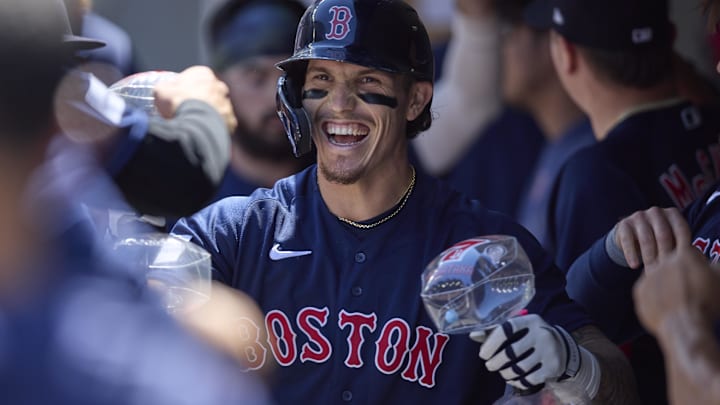 Aug 2, 2023; Seattle, Washington, USA; Boston Red Sox player Jarren Duran celebrates his two-run