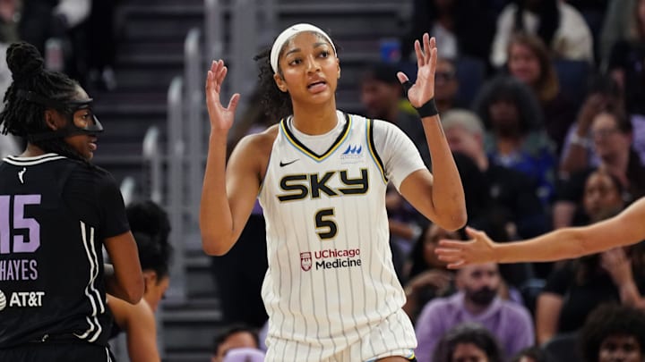 June 27, 2025; San Francisco, California, USA;  Chicago Sky forward Angel Reese (5) reacts in the second quarter against the Golden State Valkyries at Chase Center. Mandatory Credit: David Gonzales-Imagn Images