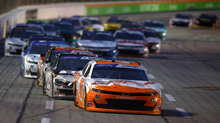 HAMPTON, GEORGIA - JUNE 27: Nick Sanchez, driver of the #48 Big Machine Spiked Coolers Chevrolet, drives during the NASCAR Xfinity Series Focused Health 250 at Echo Park Speedway on June 27, 2025 in Hampton, Georgia. HAMPTON, GEORGIA - JUNE 27: Nick Sanchez, driver of the #48 Big Machine Spiked Coolers Chevrolet, drives during the NASCAR Xfinity Series Focused Health 250 at Echo Park Speedway on June 27, 2025 in Hampton, Georgia.