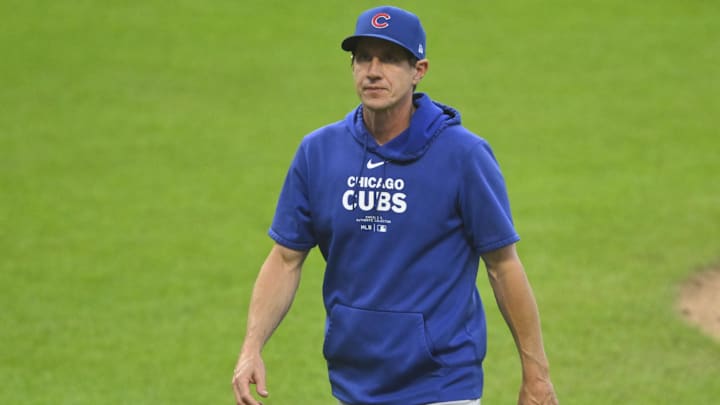 Aug 13, 2024; Cleveland, Ohio, USA; Chicago Cubs manager Craig Counsell (30) walks on the field in the fifth inning against the Cleveland Guardians at Progressive Field.