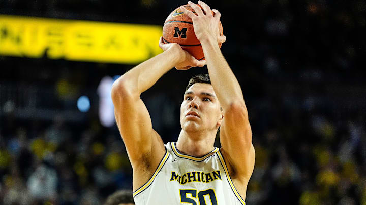 Michigan center Vladislav Goldin (50) attempts a free throw against Northwestern Michigan center Vladislav Goldin (50) attempts a free throw against Northwestern