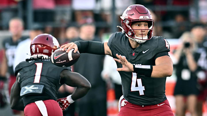 Sep 20, 2025; Pullman, Washington, USA; Washington State Cougars quarterback Zevi Eckhaus (4) throws a pass against the Washington Huskies in the first half of Apple Cup at Gesa Field at Martin Stadium. Mandatory Credit: James Snook-Imagn Images Sep 20, 2025; Pullman, Washington, USA; Washington State Cougars quarterback Zevi Eckhaus (4) throws a pass against the Washington Huskies in the first half of Apple Cup at Gesa Field at Martin Stadium. Mandatory Credit: James Snook-Imagn Images