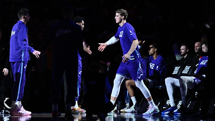 Nov 30, 2024; Salt Lake City, Utah, USA;  Utah Jazz forward Lauri Markkanen (23) is introduced before a game against the Dallas Mavericks at Delta Center. Mandatory Credit: Jamie Sabau-Imagn Images