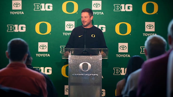 Oregon head coach Dan Lanning speaks during Oregon football’s media day Monday, July 29, 2024 at Autzen Stadium in Eugene, Ore.