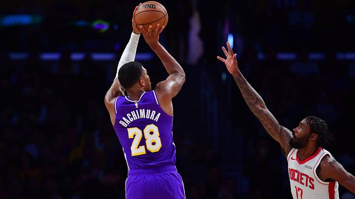 Apr 29, 2026; Los Angeles, California, USA; Los Angeles Lakers forward Rui Hachimura (28) shoots against Houston Rockets forward Tari Eason (17) during the second half in game five of the first round of the 2026 NBA Playoffs at Crypto.com Arena. Mandatory Credit: Gary A. Vasquez-Imagn Images Apr 29, 2026; Los Angeles, California, USA; Los Angeles Lakers forward Rui Hachimura (28) shoots against Houston Rockets forward Tari Eason (17) during the second half in game five of the first round of the 2026 NBA Playoffs at Crypto.com Arena. Mandatory Credit: Gary A. Vasquez-Imagn Images
