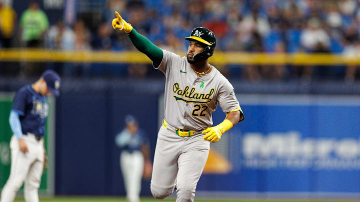 May 28, 2024; St. Petersburg, Florida, USA;  Oakland Athletics outfielder Miguel Andujar (22) runs the bases after hitting a three-run home run against the Tampa Bay Rays in the sixth inning  at Tropicana Field. Mandatory Credit: Nathan Ray Seebeck-USA TODAY Sports
