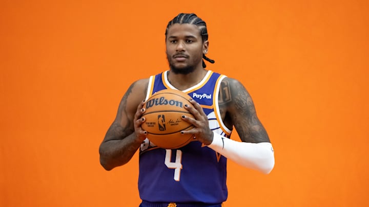 Sep 24, 2025; Phoenix, AZ, USA; Phoenix Suns guard Jalen Green (4) poses for portrait during Media Day at PHX Arena. Mandatory Credit: Mark J. Rebilas-Imagn Images