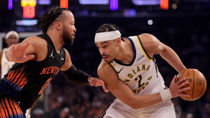 Feb 10, 2026; New York, New York, USA; Indiana Pacers guard Andrew Nembhard (2) controls the ball against New York Knicks guard Jalen Brunson (11) during the first quarter at Madison Square Garden. Mandatory Credit: Brad Penner-Imagn Images