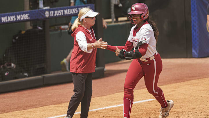 Oklahoma first baseman Cydney Sanders reacts after hitting a home run against LSU at Jack Turner Stadium.