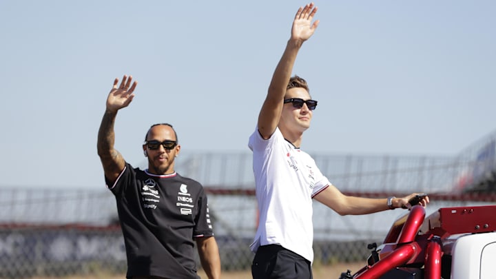 Oct 20, 2024; Austin, Texas, USA; Lewis Hamilton, left, and George Russell of Mercedes wave to the crowd before the start of the Formula One US Grand Prix at Circuit of the Americas. Mandatory Credit: Erich Schlegel-Imagn Images Oct 20, 2024; Austin, Texas, USA; Lewis Hamilton, left, and George Russell of Mercedes wave to the crowd before the start of the Formula One US Grand Prix at Circuit of the Americas. Mandatory Credit: Erich Schlegel-Imagn Images
