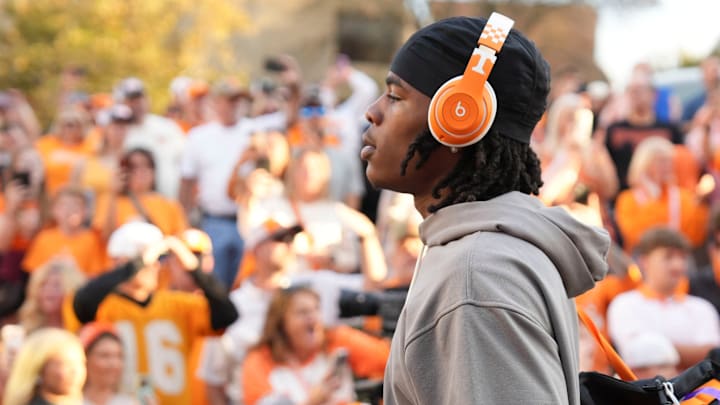Tennessee defensive back John Slaughter (12) on the Vol Walk ahead of the NCAA college football game between Tennessee and Mississippi State on Saturday, Nov. 9, 2024, in Knoxville, Tenn.