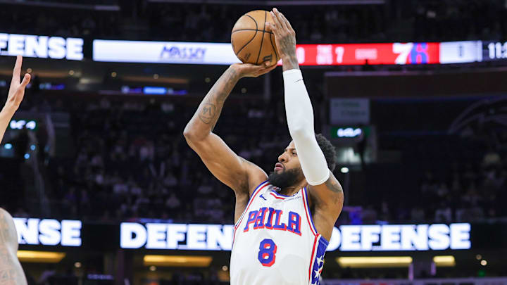 Jan 12, 2025; Orlando, Florida, USA; Philadelphia 76ers forward Paul George (8) shoots during the first quarter against the Orlando Magic at Kia Center. Mandatory Credit: Mike Watters-Imagn Images Jan 12, 2025; Orlando, Florida, USA; Philadelphia 76ers forward Paul George (8) shoots during the first quarter against the Orlando Magic at Kia Center. Mandatory Credit: Mike Watters-Imagn Images