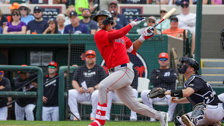 Feb 27, 2025; Lakeland, Florida, USA; Boston Red Sox second baseman Kristian Campbell (28) bats during the first inning against the Detroit Tigers at Publix Field at Joker Marchant Stadium. Mandatory Credit: Mike Watters-Imagn Images