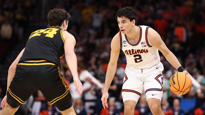 Mar 28, 2026; Houston, TX, USA; Illinois Fighting Illini guard Andrej Stojakovic (2) controls the ball against Iowa Hawkeyes guard Tate Sage (24) in the first half during an Elite Eight game of the South Regional of the men's 2026 NCAA Tournament at Toyota Center. Mandatory Credit: Troy Taormina-Imagn Images Mar 28, 2026; Houston, TX, USA; Illinois Fighting Illini guard Andrej Stojakovic (2) controls the ball against Iowa Hawkeyes guard Tate Sage (24) in the first half during an Elite Eight game of the South Regional of the men's 2026 NCAA Tournament at Toyota Center. Mandatory Credit: Troy Taormina-Imagn Images