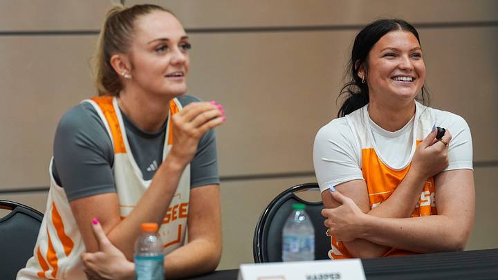 Tennessee guard Avery Mills (1) laughs during an interview as Tennessee forward Harper Peterson (15) answers at the Tennessee Lady Vols basketball media day at Pratt Pavilion on Oct. 22, 2026. Tennessee guard Avery Mills (1) laughs during an interview as Tennessee forward Harper Peterson (15) answers at the Tennessee Lady Vols basketball media day at Pratt Pavilion on Oct. 22, 2026.