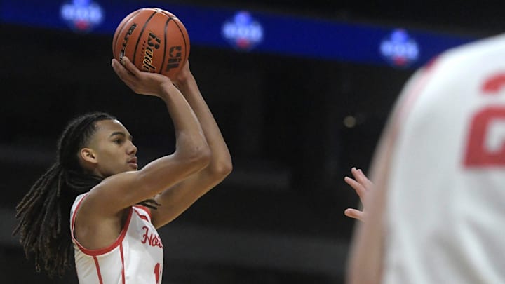 Holliday's Keitenn Bristow shoots the ball against Ponder in a boys Class 3A state semifinal, Thursday, March 7, 2024, at the Alamodome in San Antonio.
