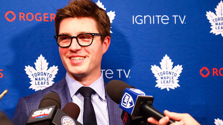 Dec 1, 2018; Saint Paul, MN, USA; Toronto Maple Leafs General Manager Kyle Dubas addressed the media before the start of the game against the Minnesota Wild at Xcel Energy Center. Mandatory Credit: David Berding-Imagn Images Dec 1, 2018; Saint Paul, MN, USA; Toronto Maple Leafs General Manager Kyle Dubas addressed the media before the start of the game against the Minnesota Wild at Xcel Energy Center. Mandatory Credit: David Berding-Imagn Images
