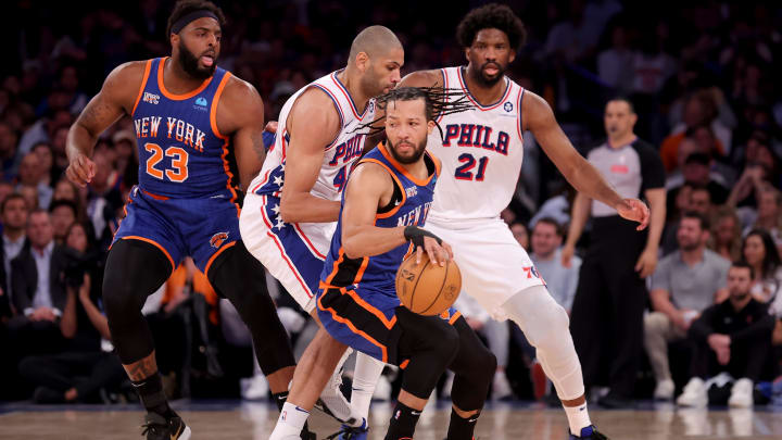 Apr 30, 2024; New York, New York, USA; New York Knicks guard Jalen Brunson (11) handles the ball