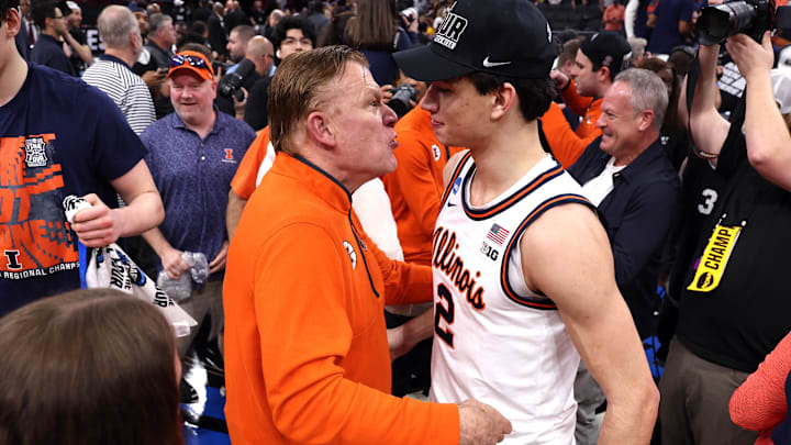 Mar 28, 2026; Houston, TX, USA; Illinois Fighting Illini head coach Brad Underwood and guard Andrej Stojakovic (2) celebrate after defeating the Iowa Hawkeyes in an Elite Eight game of the South Regional of the men's 2026 NCAA Tournament at Toyota Center. Mandatory Credit: Troy Taormina-Imagn Images Mar 28, 2026; Houston, TX, USA; Illinois Fighting Illini head coach Brad Underwood and guard Andrej Stojakovic (2) celebrate after defeating the Iowa Hawkeyes in an Elite Eight game of the South Regional of the men's 2026 NCAA Tournament at Toyota Center. Mandatory Credit: Troy Taormina-Imagn Images