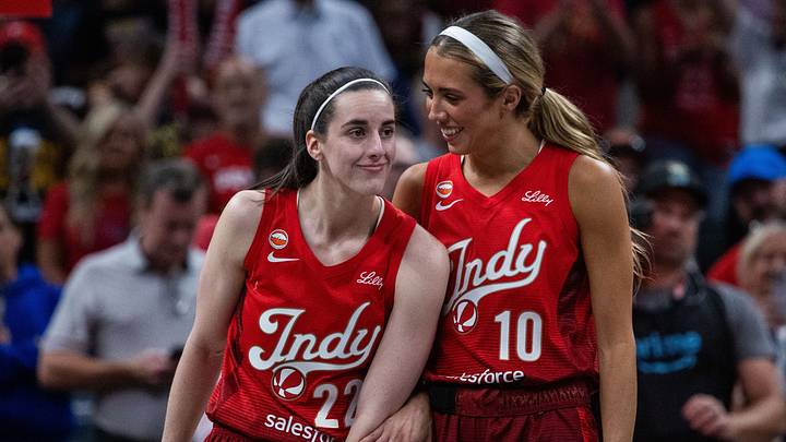 Aug 6, 2026; Indianapolis, Indiana, USA;  Indiana Fever guard Caitlin Clark (22) reacts with guard Lexie Hull (10) before the game against the Las Vegas Aces at Gainbridge Fieldhouse. Mandatory Credit: Trevor Ruszkowski-Imagn Images