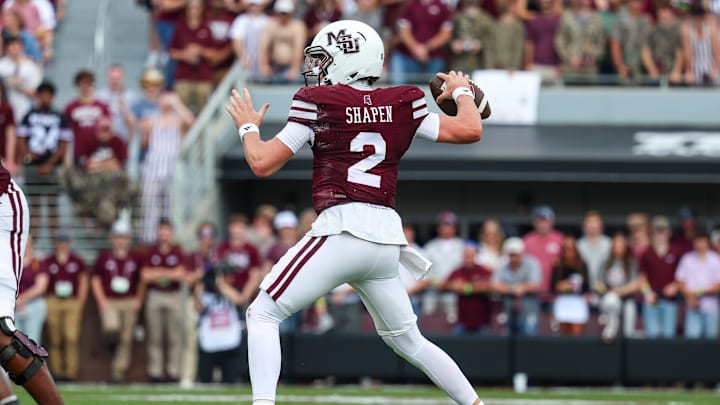 Nov 8, 2025; Starkville, Mississippi, USA; Mississippi State Bulldogs quarterback Blake Shapen (2) throws the ball against the Georgia Bulldogs during the first half at Davis Wade Stadium at Scott Field. Mandatory Credit: Wesley Hale-Imagn Images Nov 8, 2025; Starkville, Mississippi, USA; Mississippi State Bulldogs quarterback Blake Shapen (2) throws the ball against the Georgia Bulldogs during the first half at Davis Wade Stadium at Scott Field. Mandatory Credit: Wesley Hale-Imagn Images