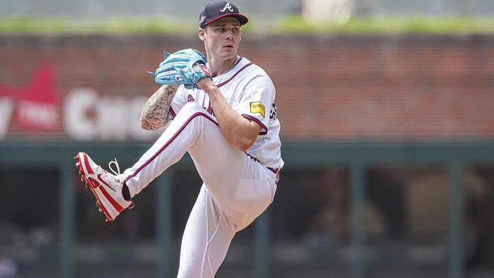 May 15, 2025; Cumberland, Georgia, USA; Atlanta Braves pitcher AJ Smith-Shawver (32) pitches against the Washington Nationals during the first inning at Truist Park. Mandatory Credit: Dale Zanine-Imagn Images