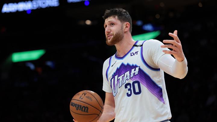Feb 9, 2026; Miami, Florida, USA; Utah Jazz center Jusuf Nurkic (30) reacts against the Miami Heat during the second quarter at Kaseya Center. Mandatory Credit: Sam Navarro-Imagn Images