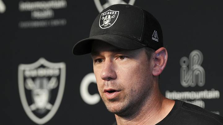 May 20, 2026; Henderson, NV, USA; Las Vegas Raiders head coach Klint Kubiak speaks during a news conference during organized team activities at Intermountain Health Performance Center. Mandatory Credit: Candice Ward-Imagn Images