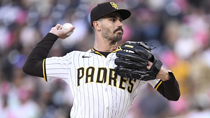 Aug 22, 2024; San Diego, California, USA; San Diego Padres starting pitcher Dylan Cease (84) pitches against the New York Mets during the first inning at Petco Park