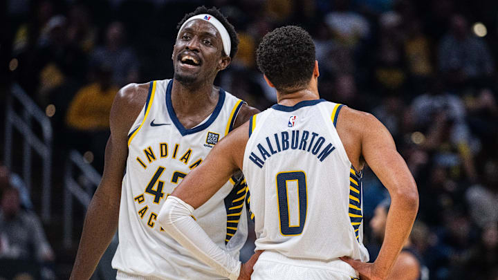 Indiana Pacers forward Pascal Siakam and guard Tyrese Haliburton (0) in the second half against the Orlando Magic at Gainbridge Fieldhouse in Indianapolis on Nov. 6, 2024.