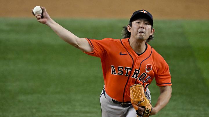 May 25, 2026; Arlington, Texas, USA;  Houston Astros starting pitcher Tatsuya Imai (45) pitches against the Texas Rangers during the sixth inning at Globe Life Field. Mandatory Credit: Jerome Miron-Imagn Images