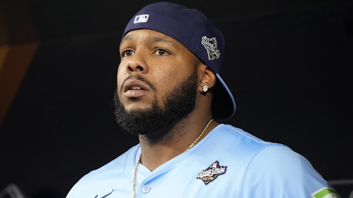 Toronto Blue Jays first baseman Vladimir Guerrero Jr. (27) looks on from the dugout before game six of the 2025 MLB World Series against the Los Angeles Dodgers at Rogers Centre.