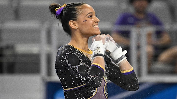 LSU Tigers gymnast Haleigh Bryant performs on uneven bars during the 2024 NCAA Women's National Gymnastics Semifinals at Dickies Arena.