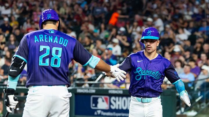 Jun 19, 2026; Phoenix, Arizona, USA; Arizona Diamondbacks outfielder Corbin Carroll (right) celebrates with Nolan Arenado after scoring in the fifth inning against the Minnesota Twins at Chase Field. Mandatory Credit: Mark J. Rebilas-Imagn Images Jun 19, 2026; Phoenix, Arizona, USA; Arizona Diamondbacks outfielder Corbin Carroll (right) celebrates with Nolan Arenado after scoring in the fifth inning against the Minnesota Twins at Chase Field. Mandatory Credit: Mark J. Rebilas-Imagn Images