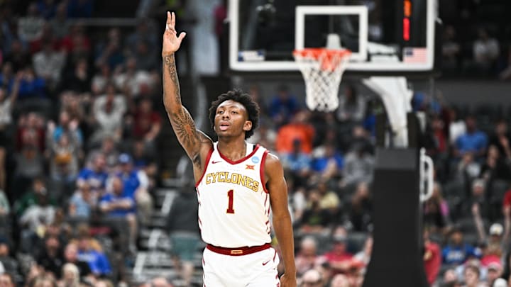 Mar 22, 2026; St. Louis, MO, USA; Iowa State Cyclones guard Jamarion Batemon (1) celebrates after a play during the second half against the Kentucky Wildcats during a second round game of the men's 2026 NCAA Tournament at Enterprise Center. Mandatory Credit: Jeff Le-Imagn Images