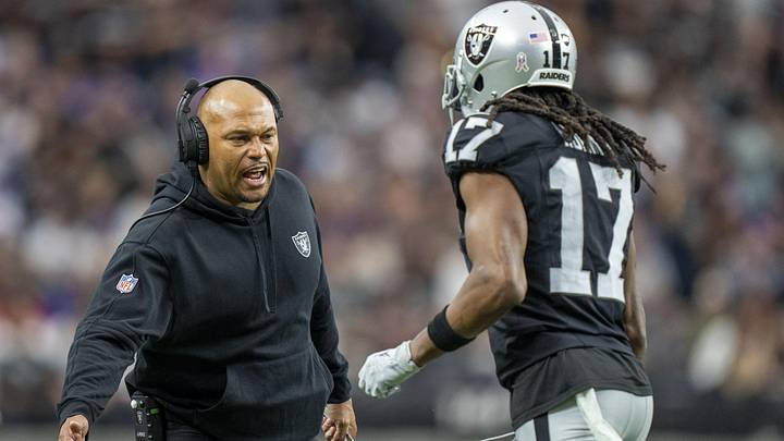 November 5, 2023; Paradise, Nevada, USA; Las Vegas Raiders interim head coach Antonio Pierce (left) high-fives wide receiver Davante Adams (17) after a touchdown against the New York Giants during the first quarter at Allegiant Stadium. Mandatory Credit: Kyle Terada-USA TODAY Sports November 5, 2023; Paradise, Nevada, USA; Las Vegas Raiders interim head coach Antonio Pierce (left) high-fives wide receiver Davante Adams (17) after a touchdown against the New York Giants during the first quarter at Allegiant Stadium. Mandatory Credit: Kyle Terada-USA TODAY Sports